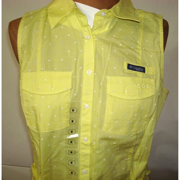 NWT New Womens Columbia Yellow Blue White Dot Dress PF M Pockets Cotton Rod Logo - Picture 6 of 12